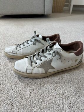 Golden Goose White Sneakers with Gray Star and Brown Heel
